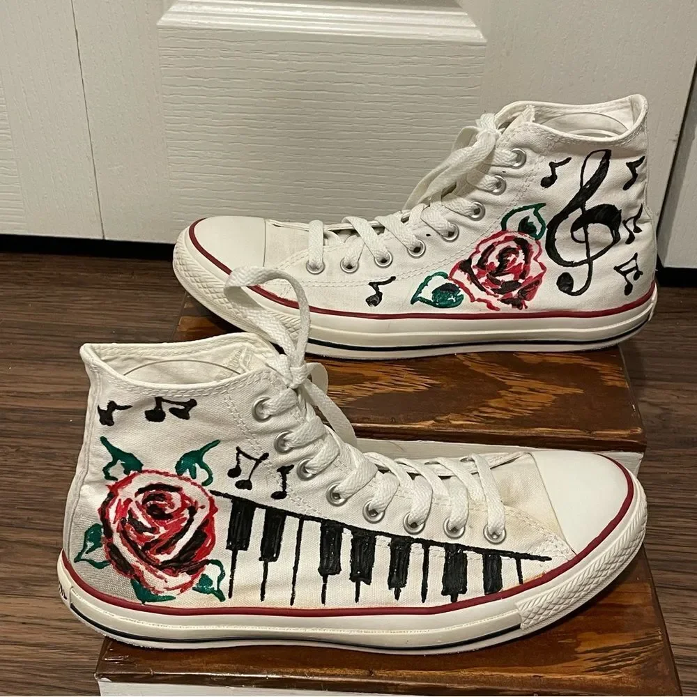 Converse Custom Painted Rose Music Piano Sneakers White Red Green Men 10 Wom 12 - Picture 2 of 14